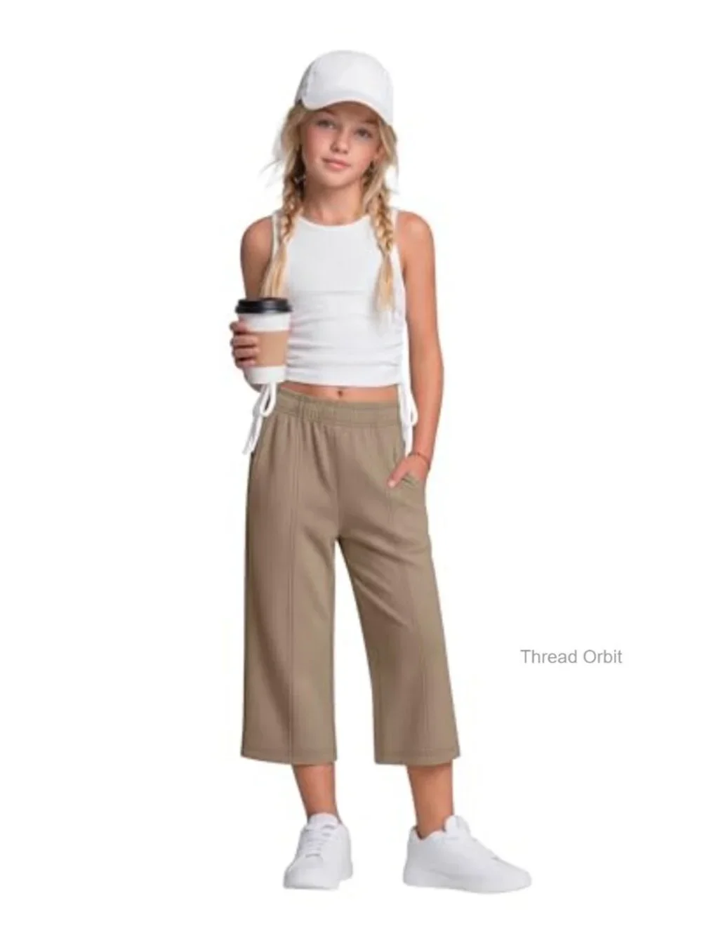 Wide Leg Capri Pants Elastic Waist 2 Pockets Girls Summer Pull On Sweatpants